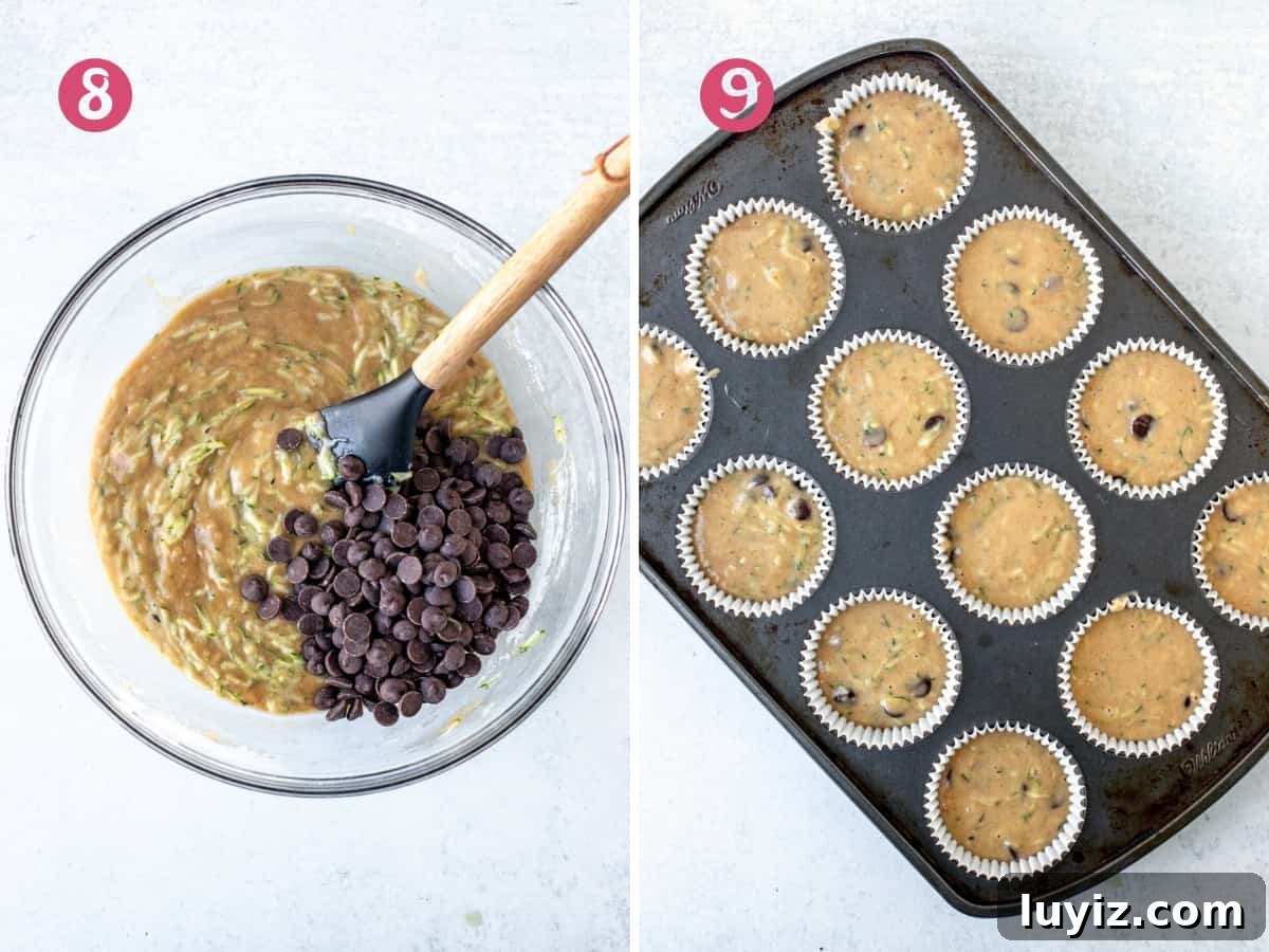 Moist Zucchini Chocolate Chip Muffins Recipe 6 Bowl of zucchini chocolate chip muffin batter, and muffin tin with unbaked zucchini chocolate chip muffins