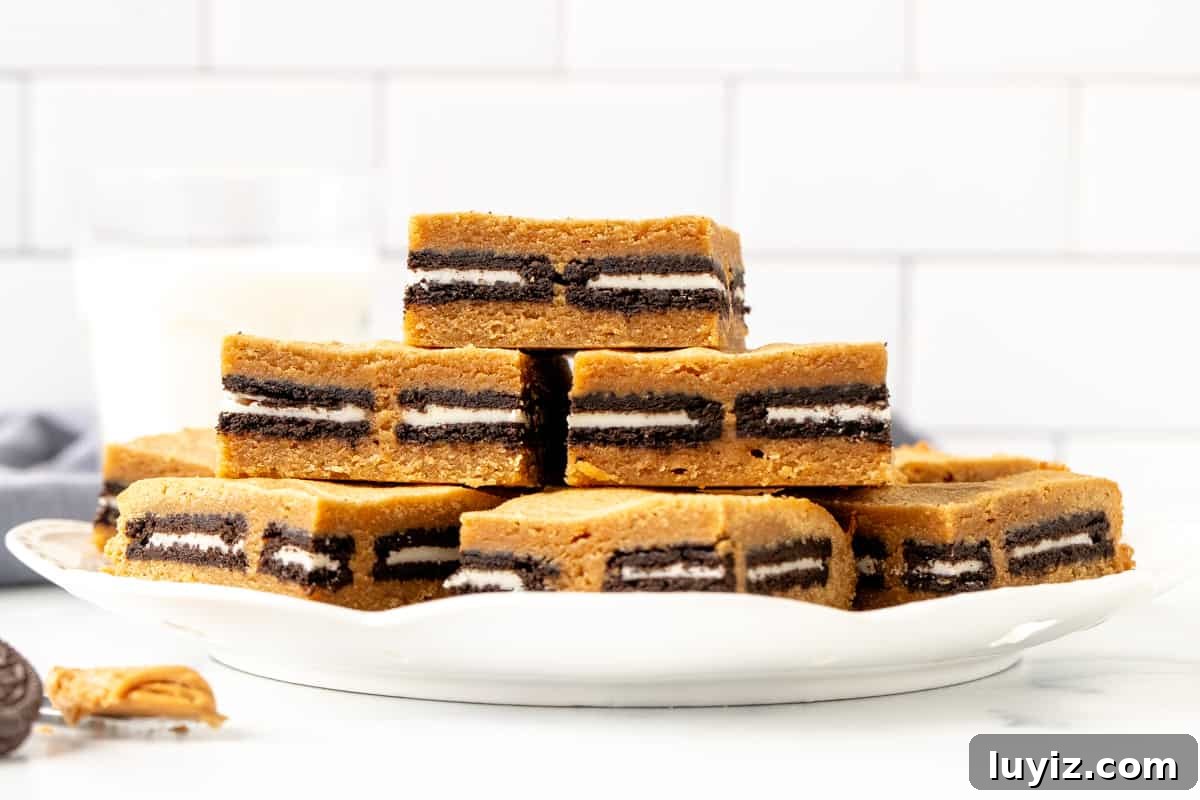 Peanut Butter Oreo Blondies Recipe — Chewy, Chocolate-Stuffed Bars 3 Plate of Oreo stuffed peanut butter blondies