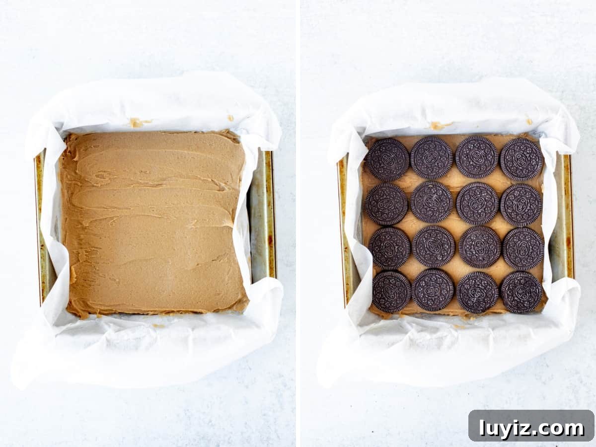 Peanut Butter Oreo Blondies Recipe — Chewy, Chocolate-Stuffed Bars 4 Pan of peanut butter blondie dough, and pan of peanut butter blondie dough with Oreo layer on top