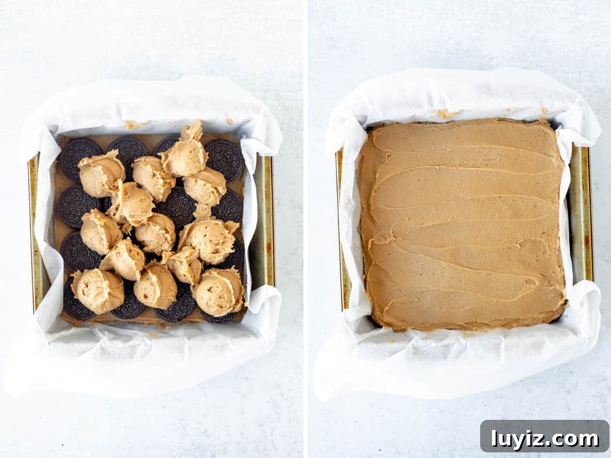 Peanut Butter Oreo Blondies Recipe — Chewy, Chocolate-Stuffed Bars 5 Pan of Oreo peanut butter blondies with peanut butter dough spooned on top of Oreo layer, and pan of unbaked peanut butter Oreo blondies