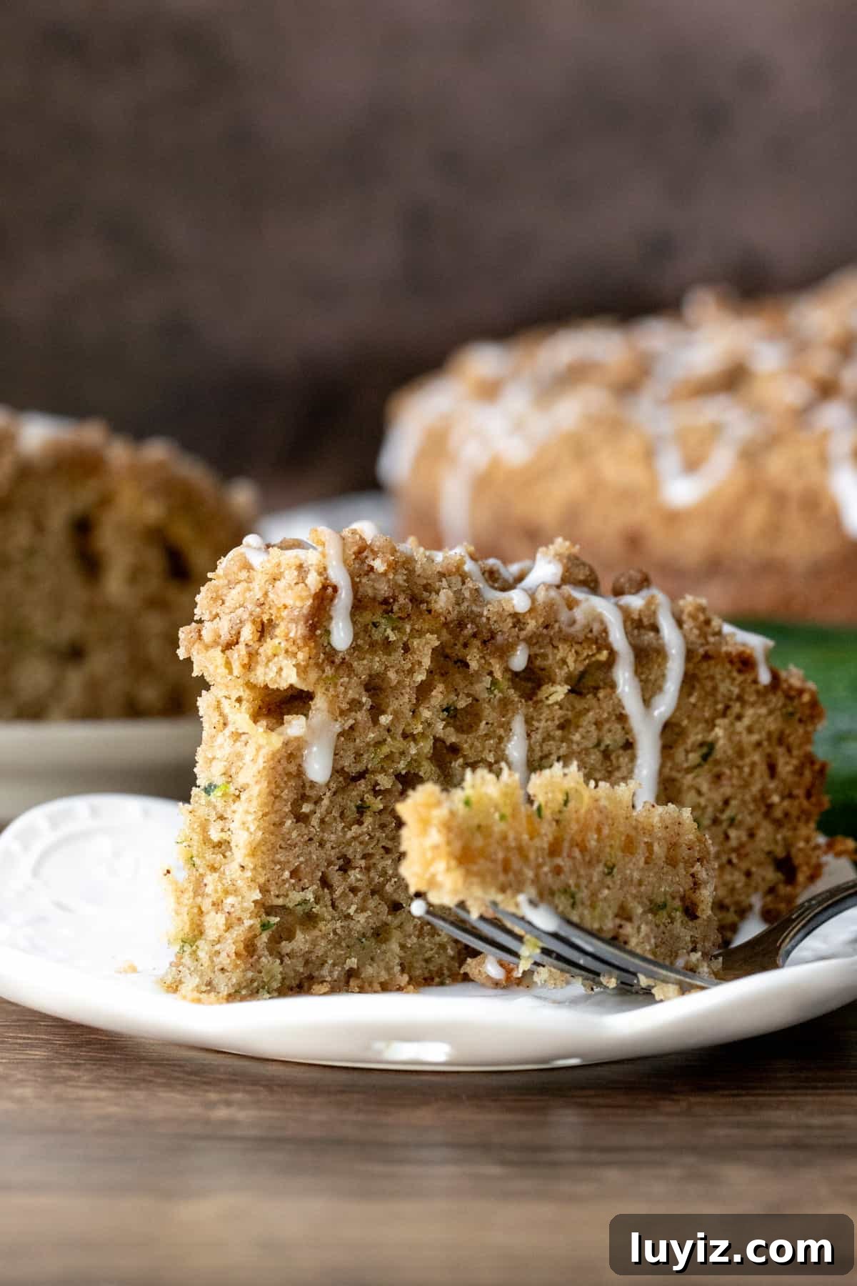 Moist Zucchini Coffee Cake with Cinnamon Streusel 9 Piece of zucchini coffee cake with streusel topping and a drizzle of glaze