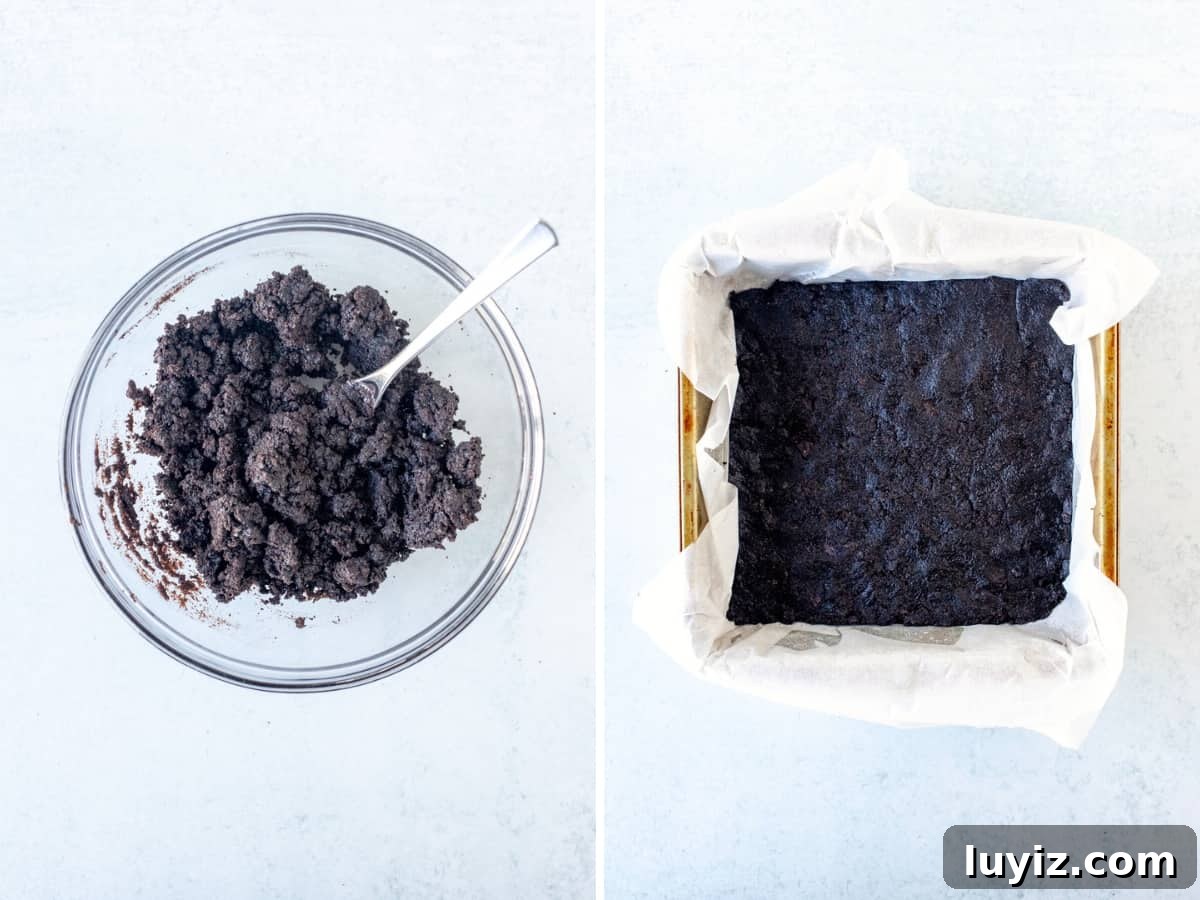 Oreo Peanut Butter Bars Recipe — No-Bake Dessert Squares 4 Bowl of Oreo crust cookie crumbs, and Oreo crust in 8x8 inch pan.