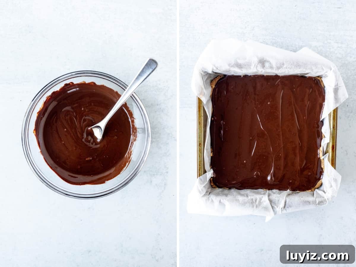 Oreo Peanut Butter Bars Recipe — No-Bake Dessert Squares 6 Bowl of melted chocolate, and melted chocolate spread on top of peanut butter bars