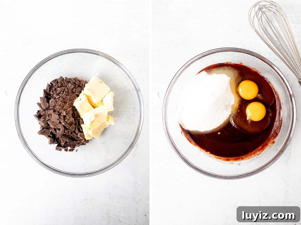 Shortbread Brownies Recipe: Buttery Crumb-Topped Chocolate Bars 5 Bowl of chopped chocolate and butter, and bowl of melted chocolate and butter with sugar and eggs.