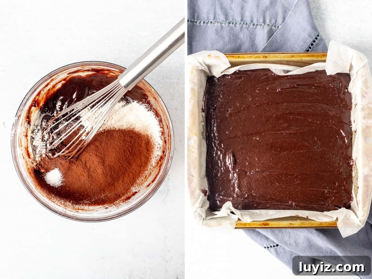 Shortbread Brownies Recipe: Buttery Crumb-Topped Chocolate Bars 6 Bowl of brownie batter after flour and cocoa sifted in, and pan of brownie batter.