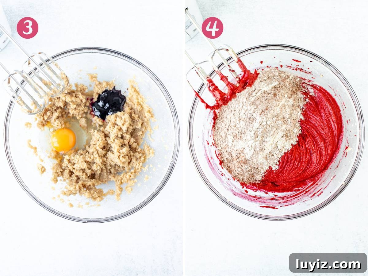 Oreo Red Velvet Cookie Recipe: Cream Cheese Frosting Twist 4 Bowl of creamed butter and sugars with egg and red food coloring added in, and bowl of red velvet cookie dough with dry ingredients added in.