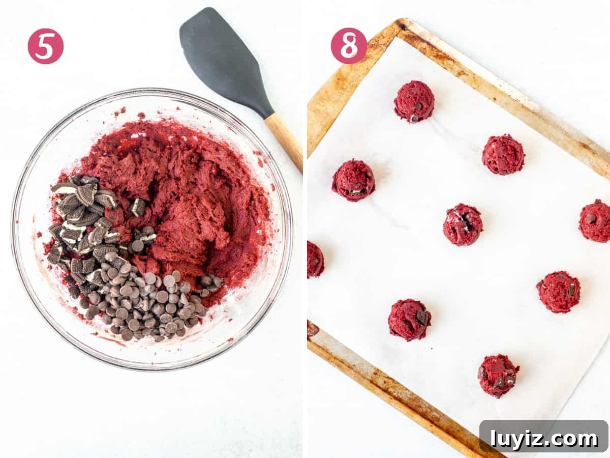 Oreo Red Velvet Cookie Recipe: Cream Cheese Frosting Twist 5 Bowl of red velvet cookie dough with chopped Oreos and chocolate chips, and Oreo red velvet cookie dough balls on a lined cookie sheet