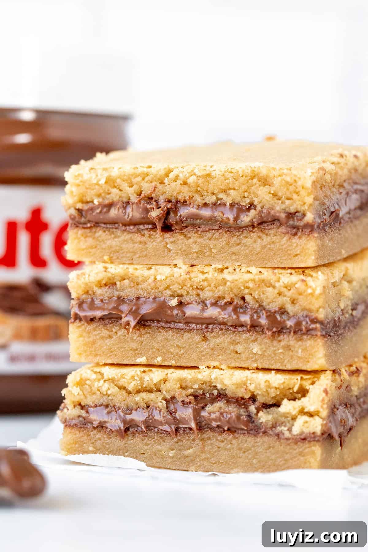 Nutella-Stuffed Blondies: Gooey Chocolate-Hazelnut Bars 2 Stack of 3 Nutella stuffed blondies, one on top of each other.