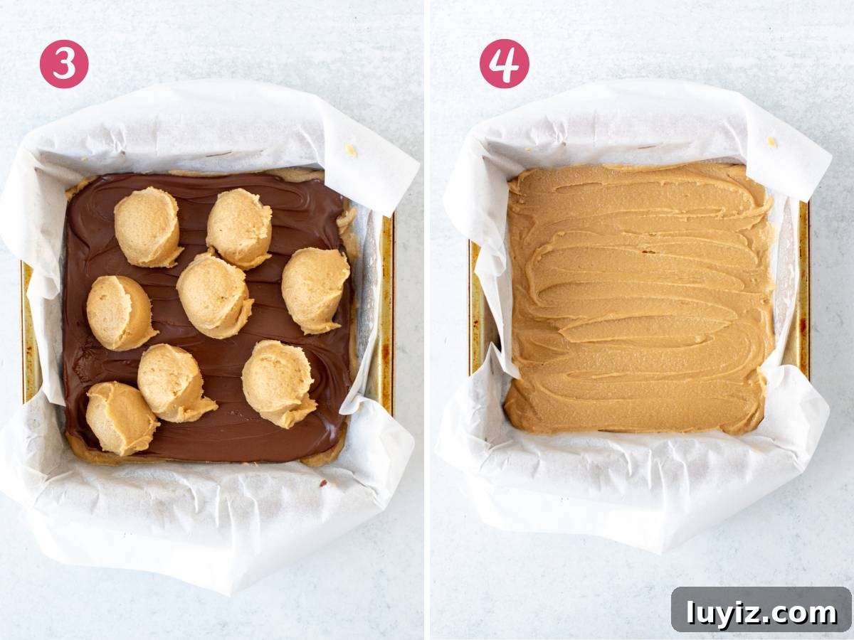 Nutella-Stuffed Blondies: Gooey Chocolate-Hazelnut Bars 8 Lined pan with blondie batter spooned on top of Nutella layer, and lined pan with blondie batter smoothed into an even layer