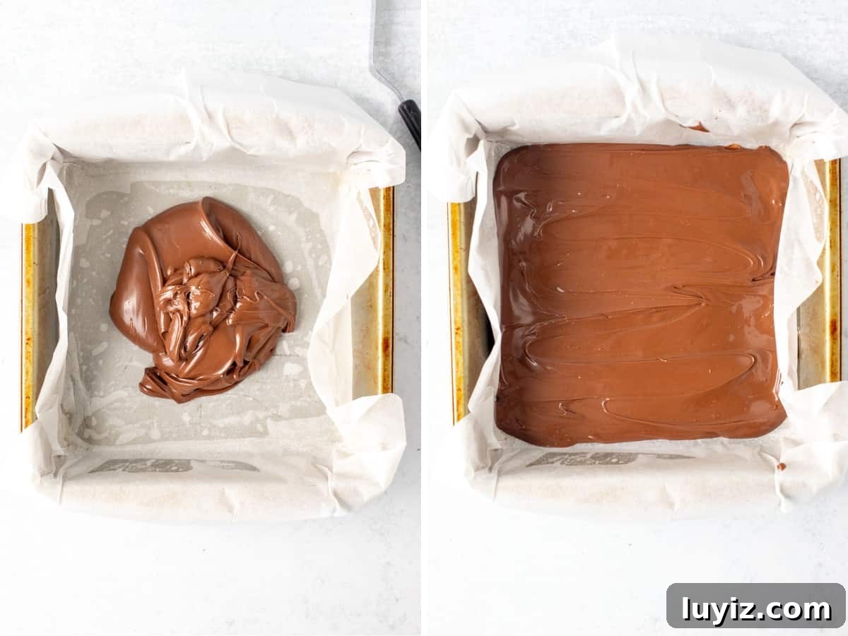 Nutella‑Stuffed Pumpkin Blondies with Gooey Chocolate Center 4 Nutella in lined pan, and Nutella spread into even layer in lined pan.