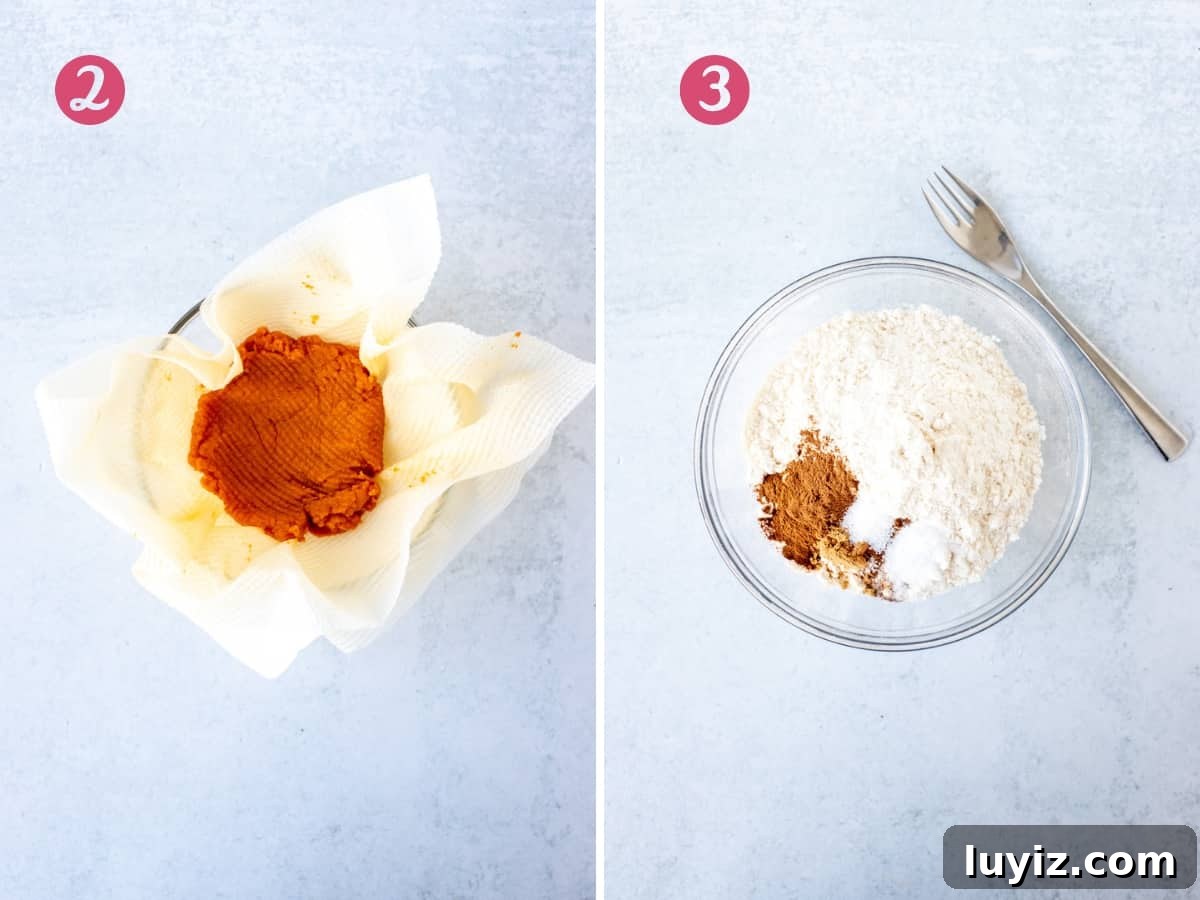 Nutella‑Stuffed Pumpkin Blondies with Gooey Chocolate Center 5 Bowl of pumpkin puree and bowl of flour and spices.