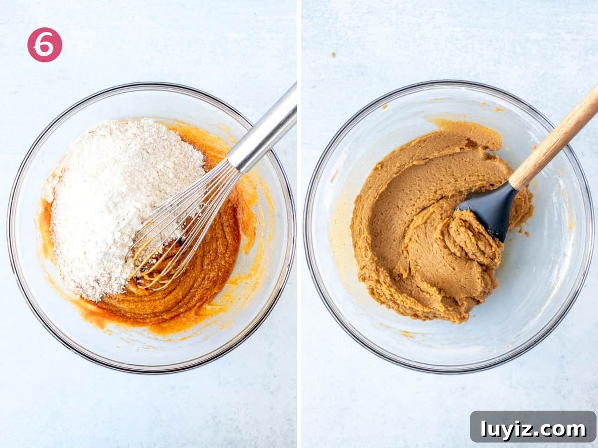 Nutella‑Stuffed Pumpkin Blondies with Gooey Chocolate Center 7 Bowl of pumpkin mixture with dry ingredients added in, and bowl of pumpkin blondie dough