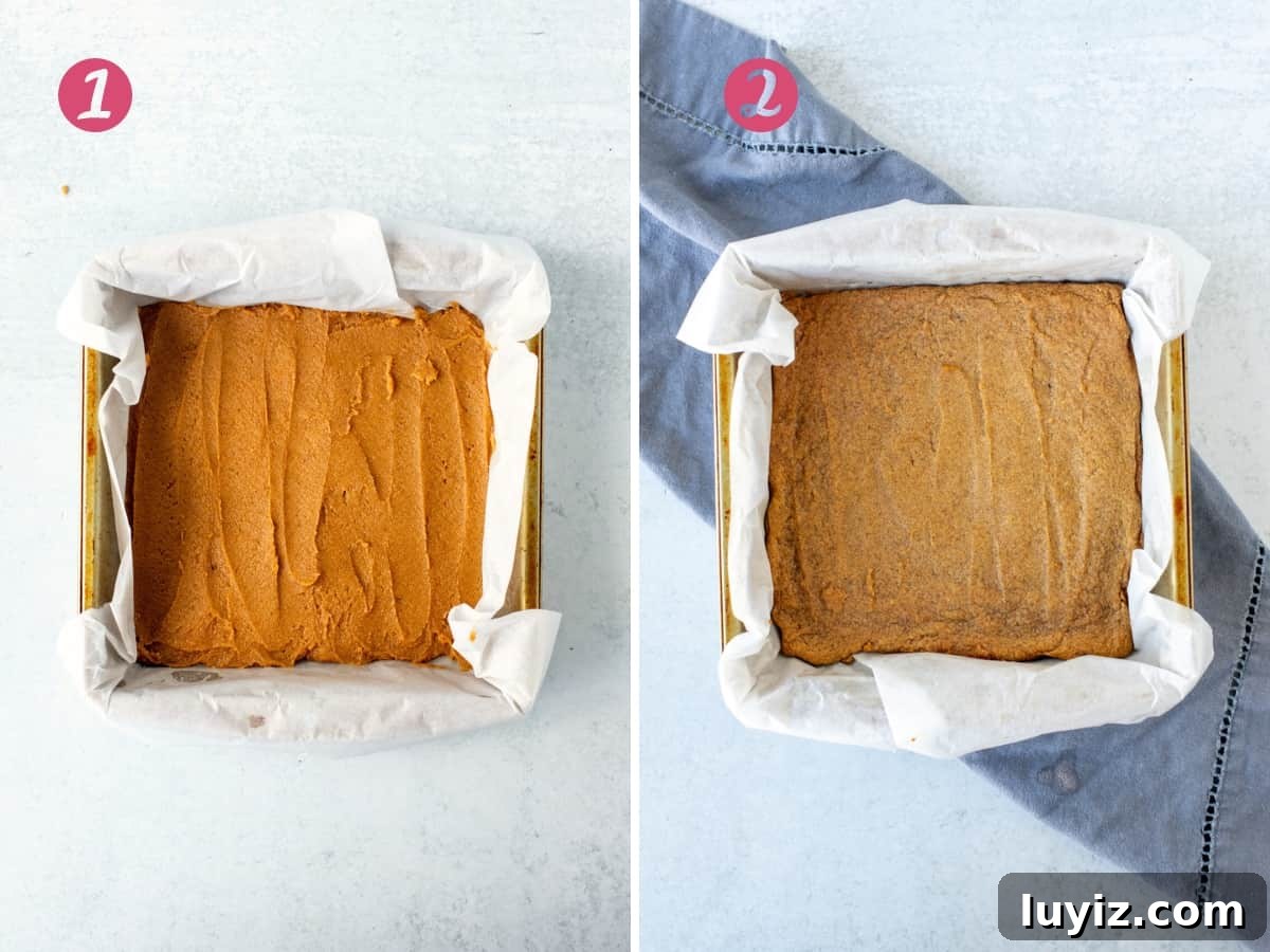 Nutella‑Stuffed Pumpkin Blondies with Gooey Chocolate Center 8 Pan of pumpkin blondie batter, and baked pumpkin blondie in a pan.