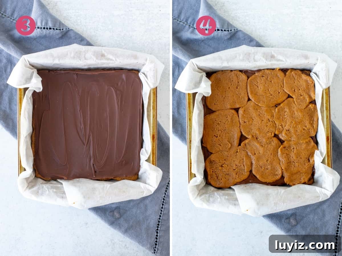 Nutella‑Stuffed Pumpkin Blondies with Gooey Chocolate Center 9 Lined pan with frozen Nutella layer of pumpkin base, and pan of unbaked pumpkin Nutella blondies