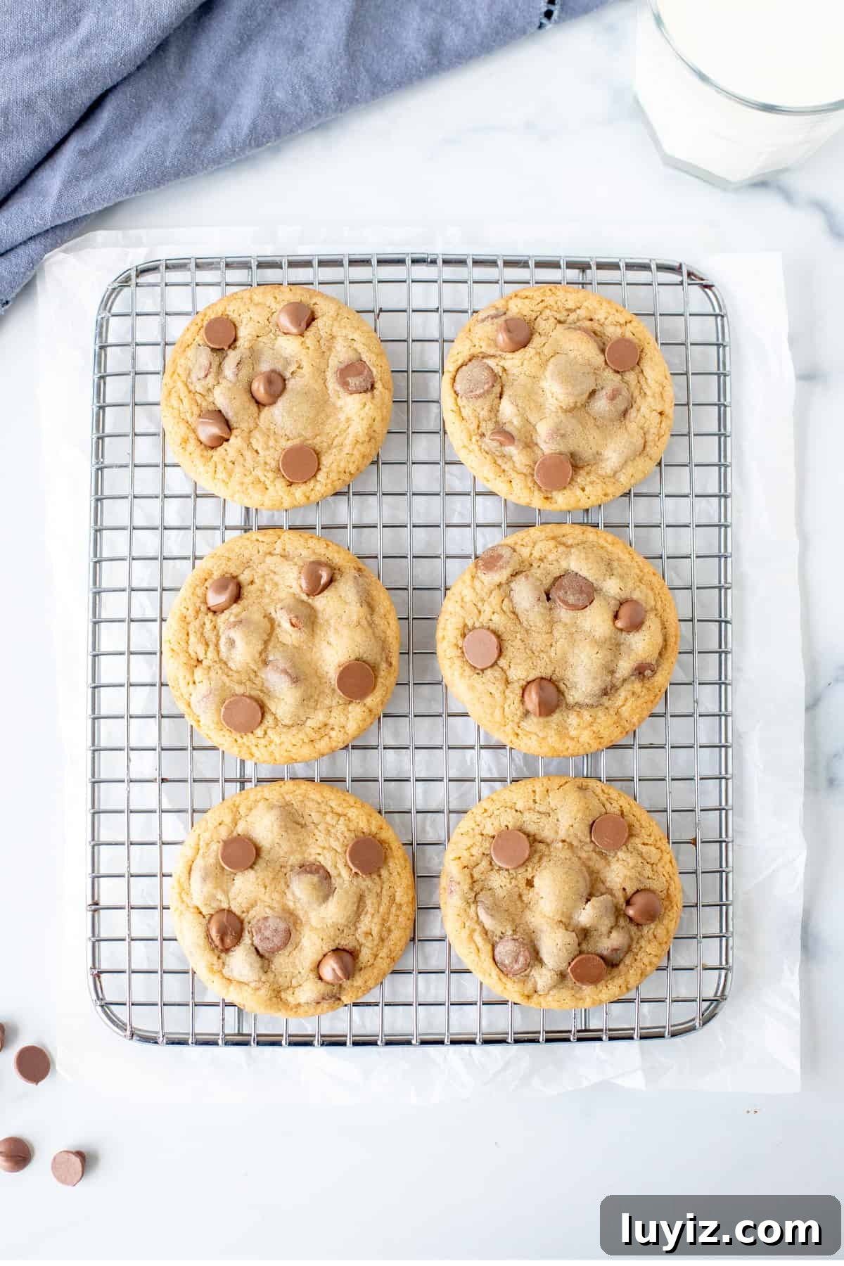 Soft Milk Chocolate Chip Cookies Recipe for Chewy Batches 3 Cooling rack with 6 milk chocolate chip cookies and glass of milk