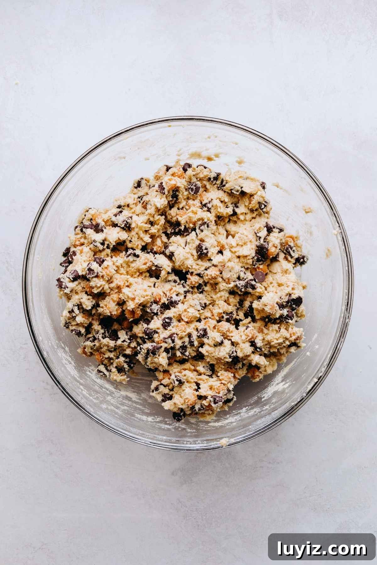 Salted Caramel Oatmeal Chocolate Chip Cookies 8 Chocolate chips and caramel bits stirred into oatmeal chocolate chip salted caramel cookie dough in a large glass mixing bowl.