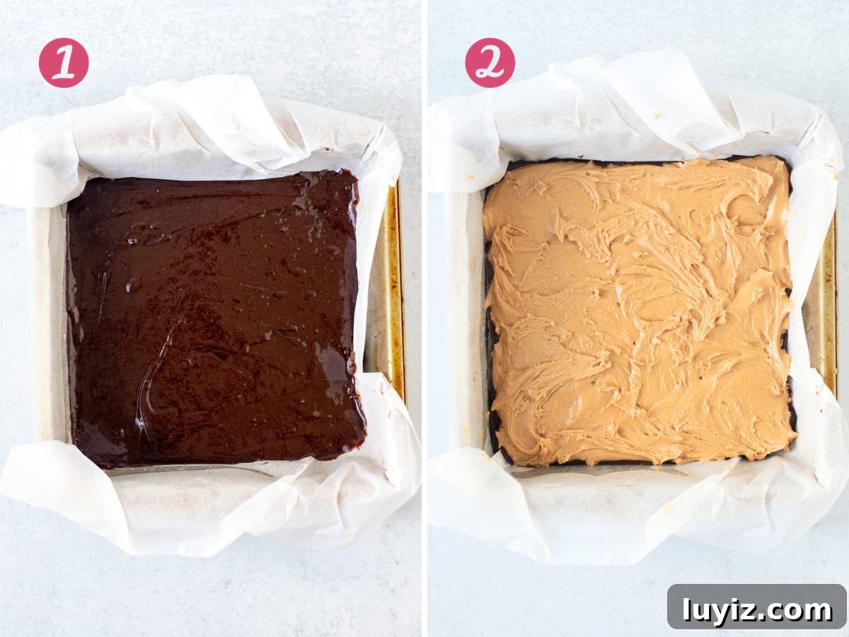 Decadent Peanut Butter-Stuffed Brownies Recipe 6 Lined pan of brownie batter and lined pan of brownie batter with peanut butter layer on top