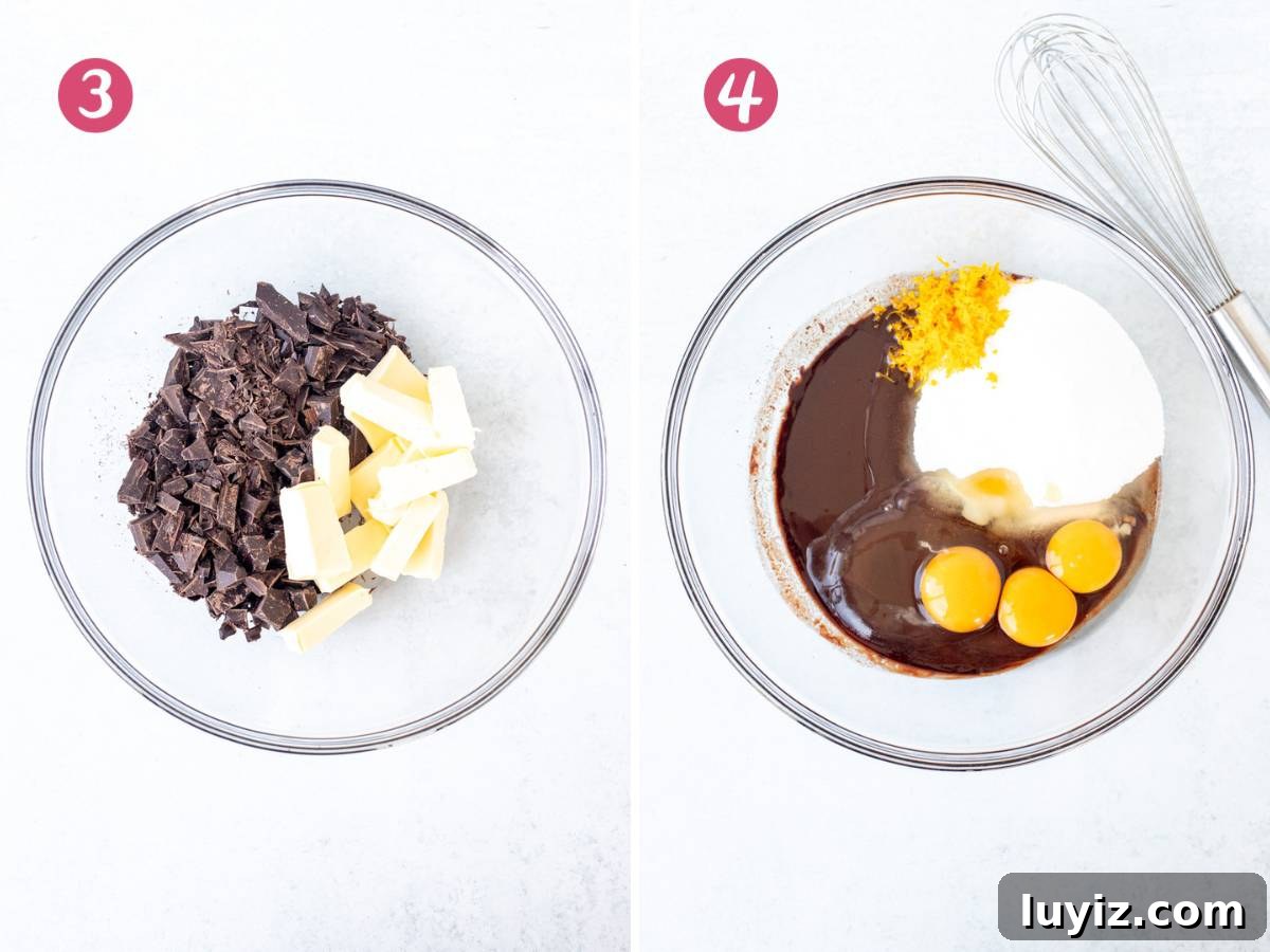 Decadent Chocolate Orange Brownies with Zesty Citrus Glaze 4 Bowl of butter and chocolate chips, and bowl of melted butter with sugar, eggs and orange zest