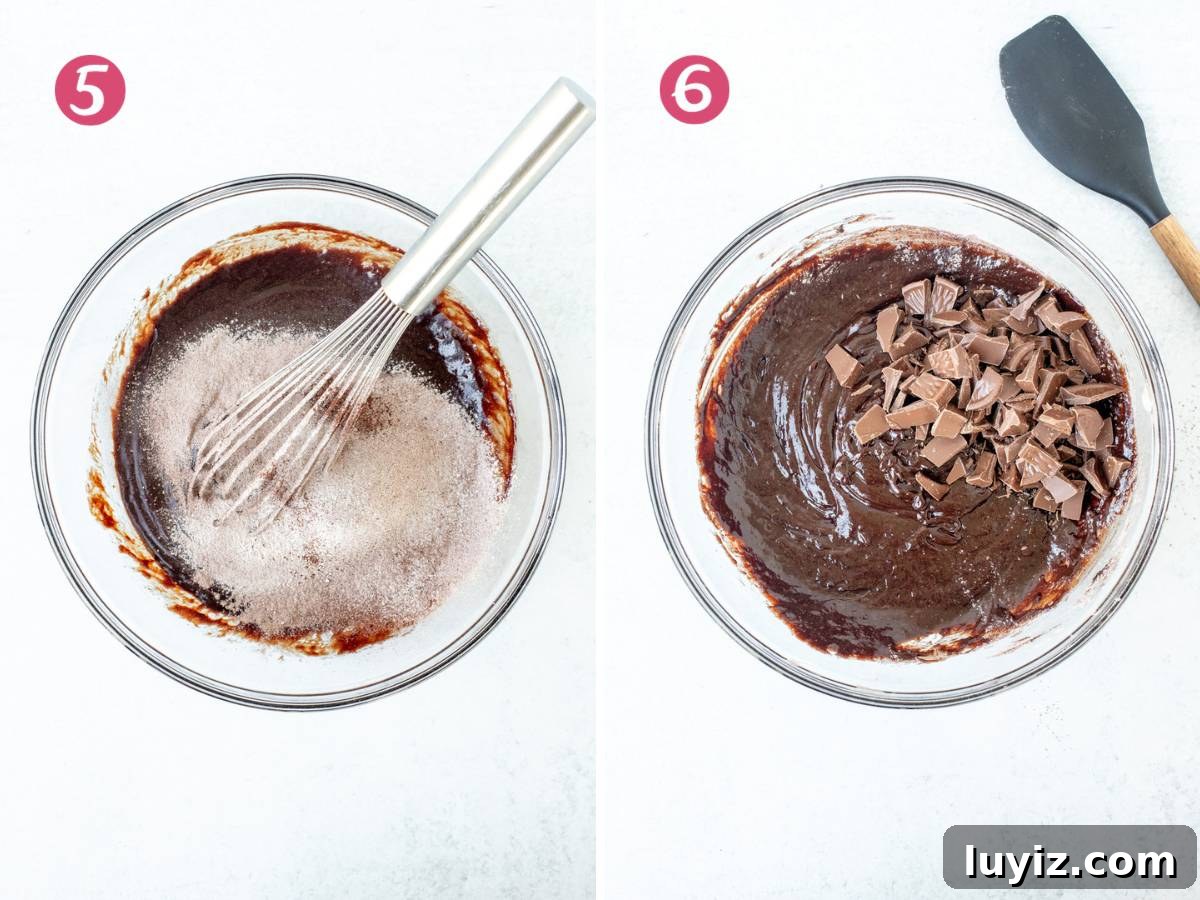 Decadent Chocolate Orange Brownies with Zesty Citrus Glaze 5 Bowl of dry ingredients added to brownie batter, and bowl of brownie batter with chopped orange chocolate