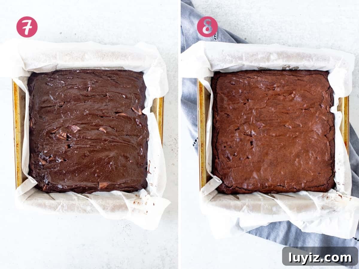 Decadent Chocolate Orange Brownies with Zesty Citrus Glaze 6 Pan of unbaked brownies and pan of baked brownies