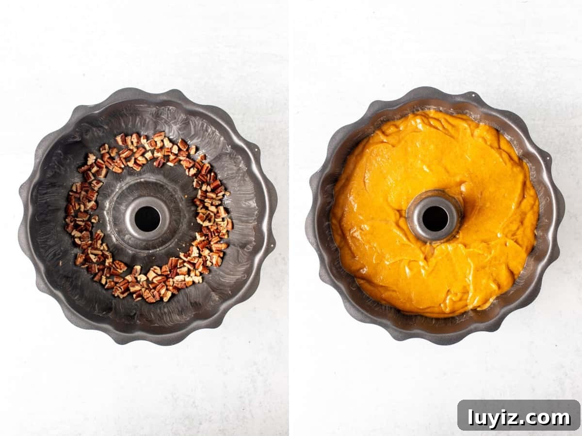 Spiced Pumpkin Rum Cake Recipe for Fall Gatherings 4 Bundt pan with pecans added and pumpkin rum cake batter in bundt cake