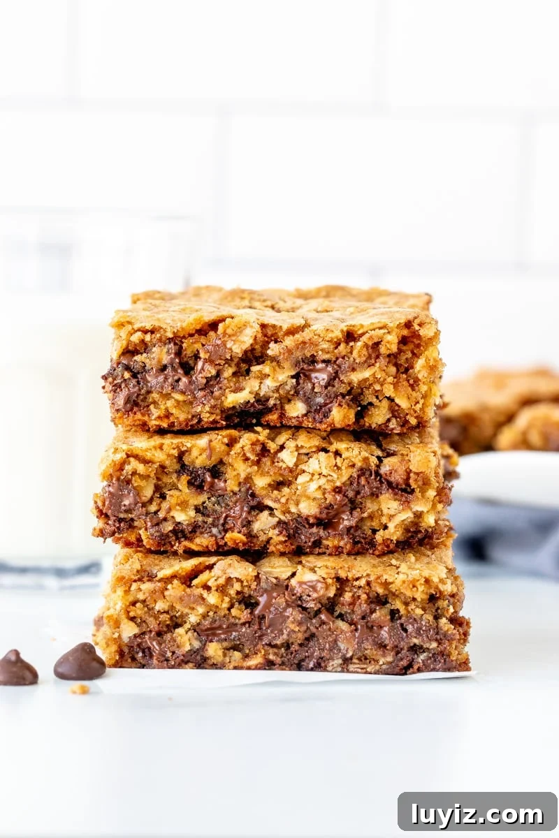 Chewy Oatmeal Chocolate Chip Cookie Bars Recipe 2 Stack of 3 oatmeal chocolate chip cookie bars