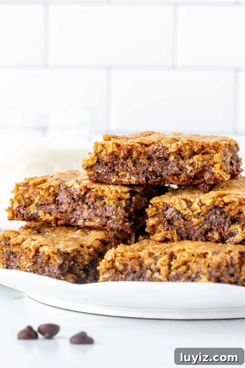 Chewy Oatmeal Chocolate Chip Cookie Bars Recipe 4 Plate of gooey oatmeal chocolate chip cookie bars