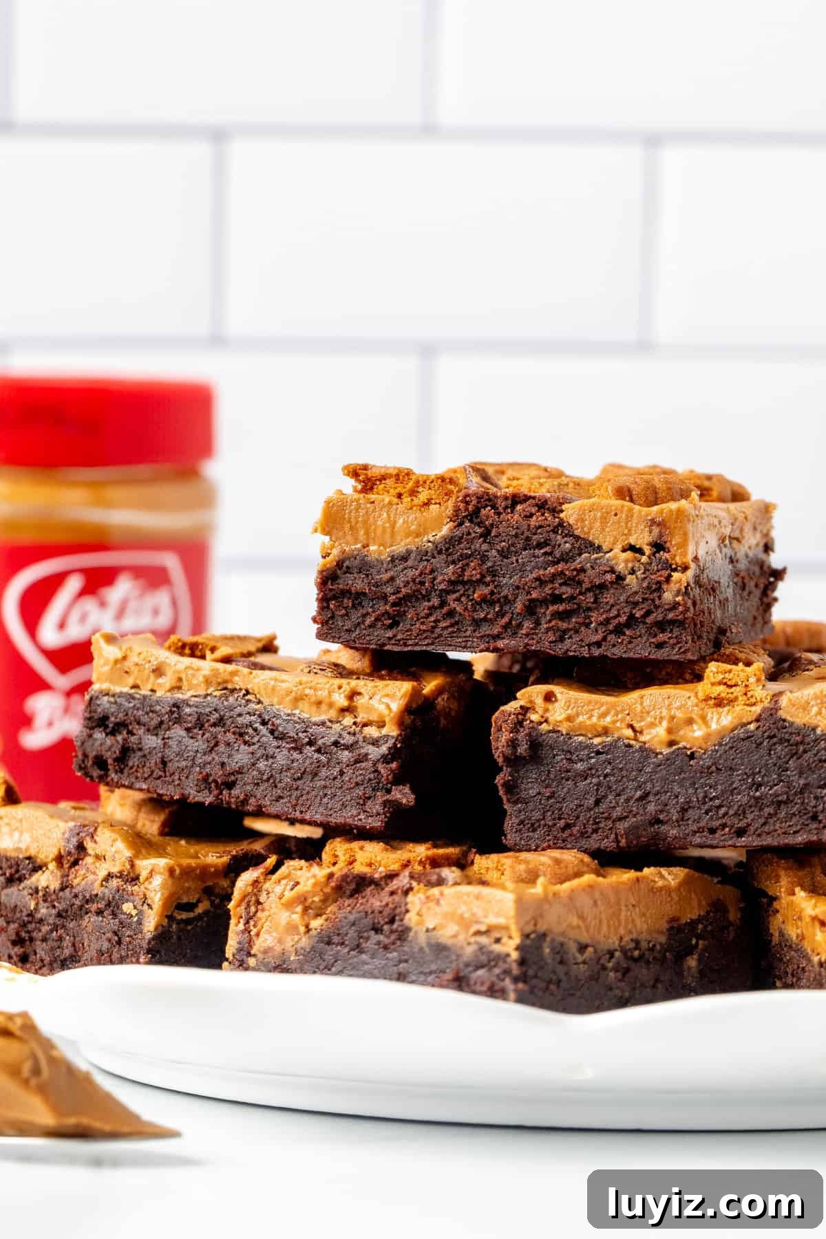 Chewy Biscoff Swirl Brownies — Lotus Cookie Butter Recipe 3 Plate of Biscoff swirled brownies with jar of Lotus Biscoff spread