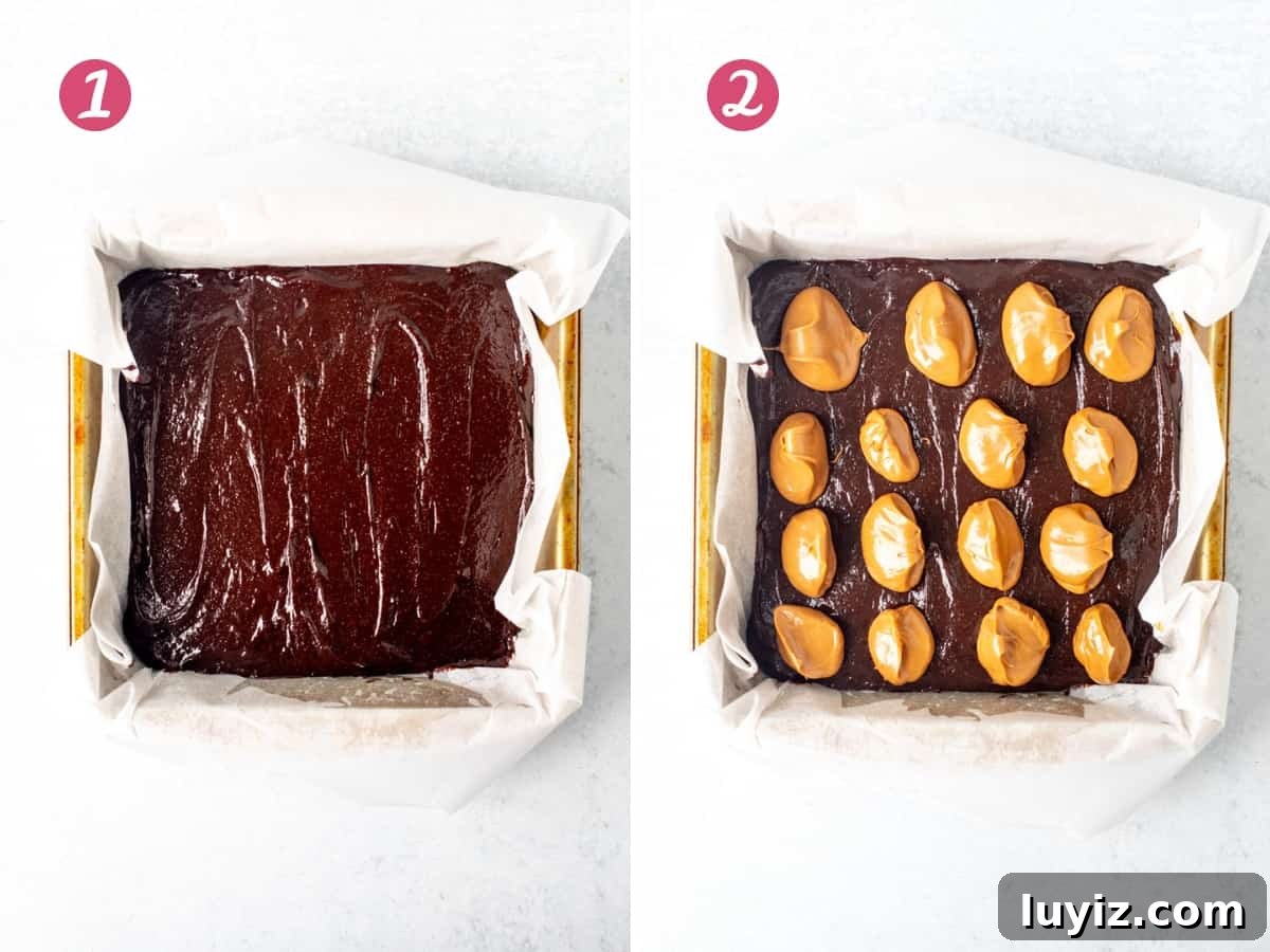 Chewy Biscoff Swirl Brownies — Lotus Cookie Butter Recipe 5 Pan of brownie batter, and pan of brownie batter with spoonfuls of cookie butter added on top