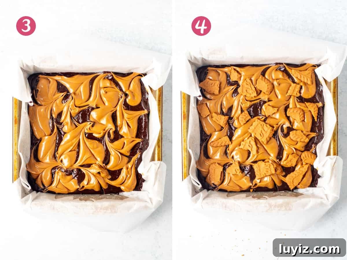 Chewy Biscoff Swirl Brownies — Lotus Cookie Butter Recipe 6 Pan of unbaked cookie butter brownies, and pan of unbaked cookie butter brownies with crushed Lotus cookies on top