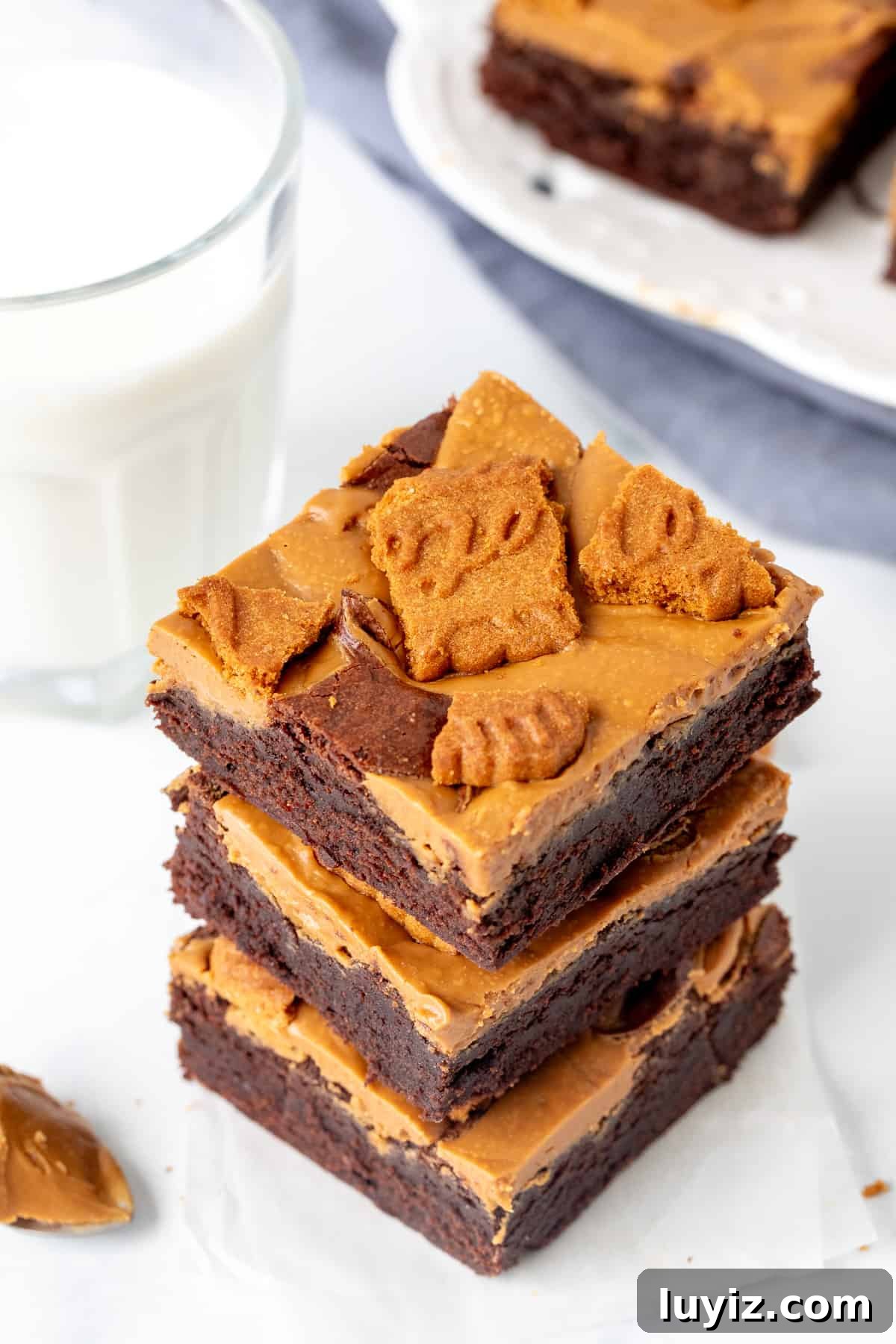 Chewy Biscoff Swirl Brownies — Lotus Cookie Butter Recipe 7 Three cookie butter brownies stacked on top of each other with a glass of milk