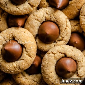 Classic Peanut Butter Blossom Cookies Recipe 13 Overhead closeup image of peanut butter blossoms.