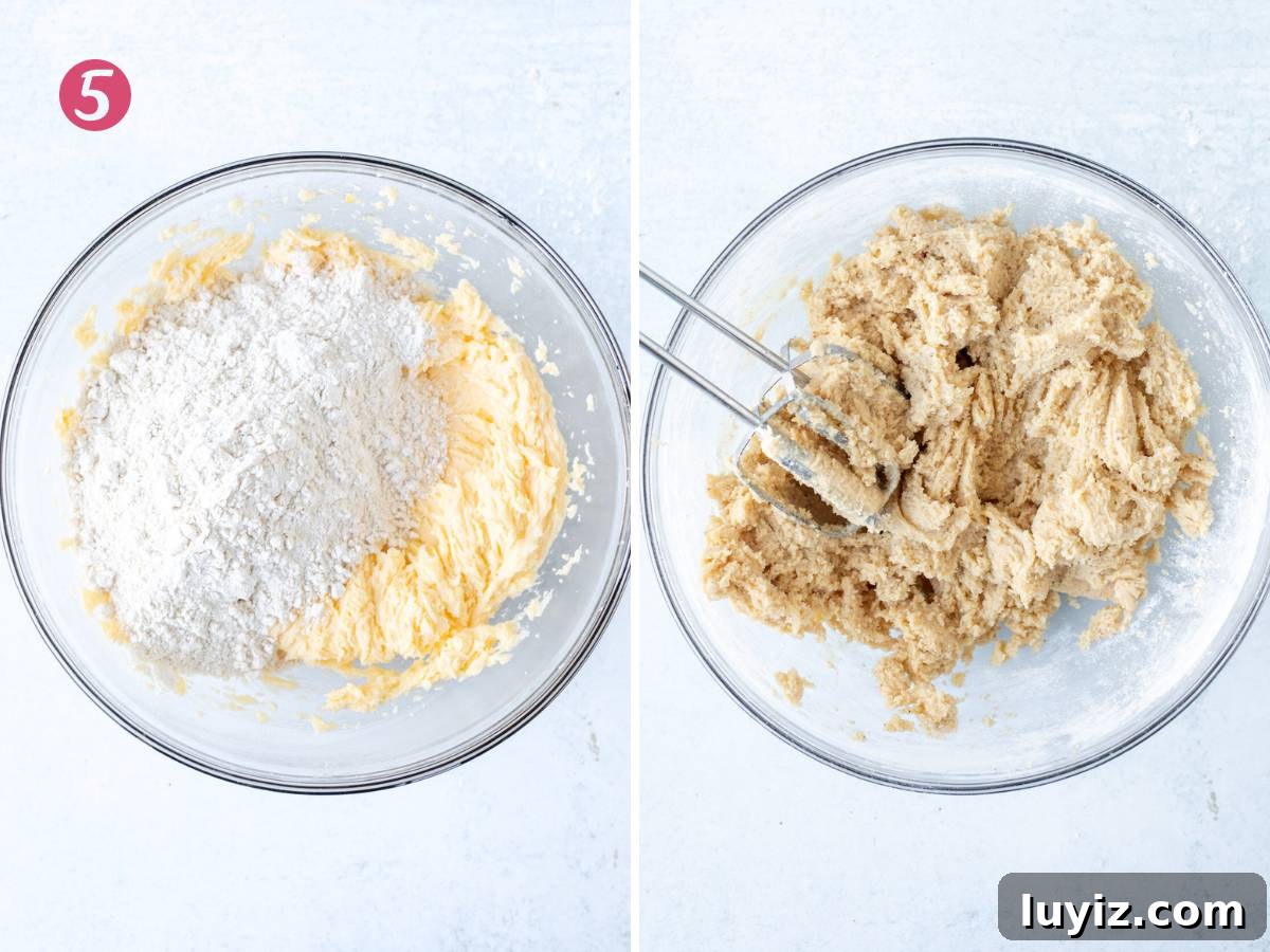 Eggnog Snickerdoodle Cookies: Festive Holiday Cookie Recipe 7 Bowl of butter mixture with dry ingredients added in and bowl of eggnog snickerdoodle dough