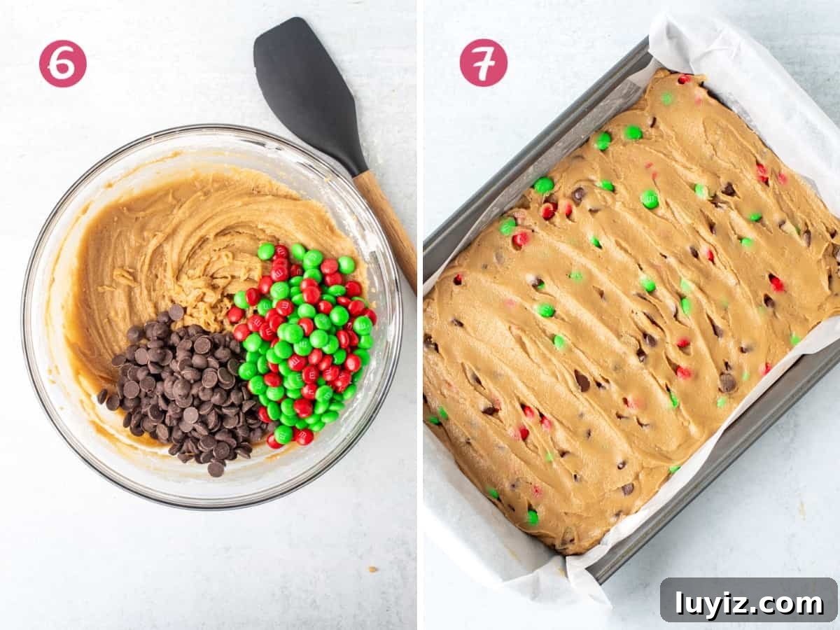 Christmas M&M Cookie Bars Recipe — Festive Holiday Treat 6 Bowl of cookie bar dough with M&Ms and chocolate chips, and pan of unbaked Christmas M&M cookie bars