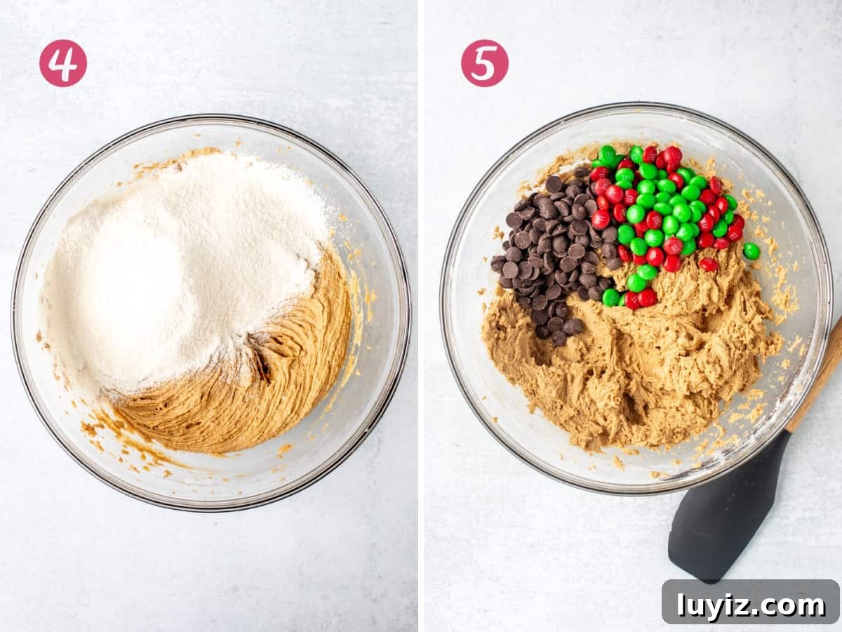 Christmas Peanut Butter M&M Cookies: Festive Holiday Recipe 5 Bowl of peanut butter mixture with dry ingredients sifted in, and bowl of peanut butter cookie dough with chocolate chips and M&Ms.