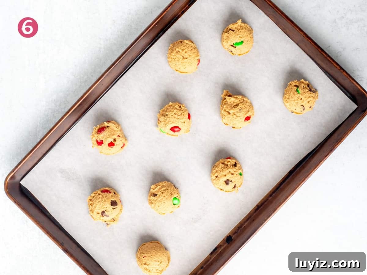 Christmas Peanut Butter M&M Cookies: Festive Holiday Recipe 6 Tray of unbaked peanut butter M&M cookies