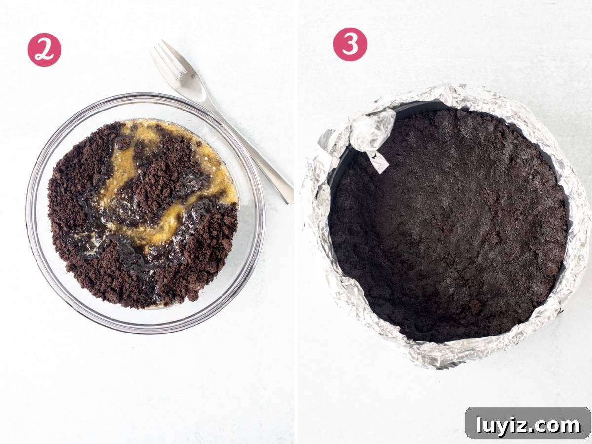 Peppermint Bark Cheesecake Recipe with Chocolate Crust and Candy Cane Topping 4 Bowl of Oreo crumbs and melted butter and bowl of springform pan wrapped in foil with Oreo crust in pan