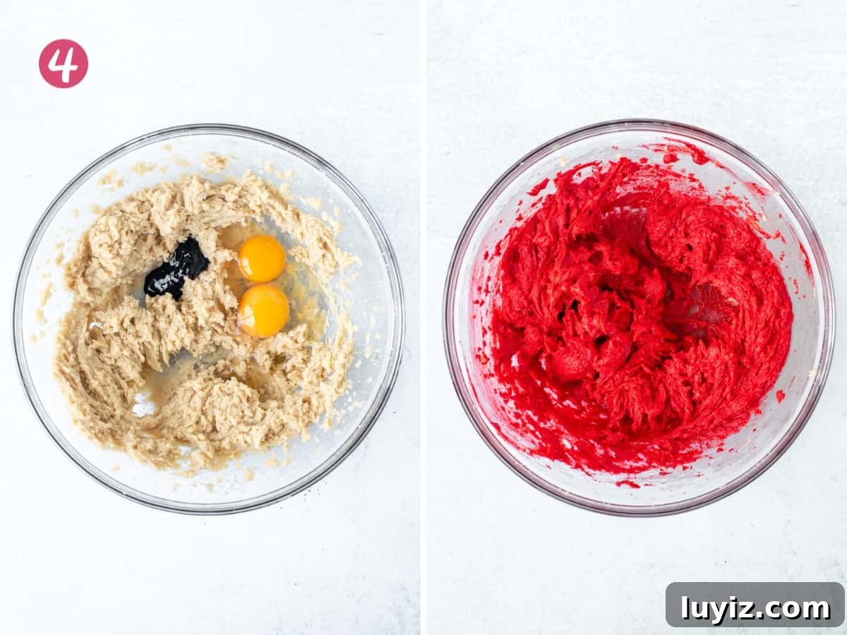 Chewy Red Velvet Cookie Bars Recipe for Parties and Gifts 5 Bowl of creamed butter and sugars with eggs and food coloring added, and bowl after everything is mixed together