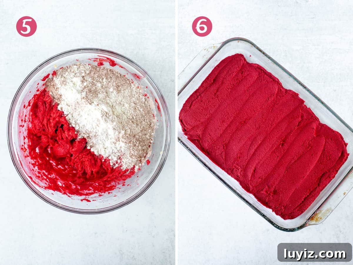 Chewy Red Velvet Cookie Bars Recipe for Parties and Gifts 6 Bowl of butter mixture with dry ingredients added into the bowl and pan of unbaked red velvet cookie bars