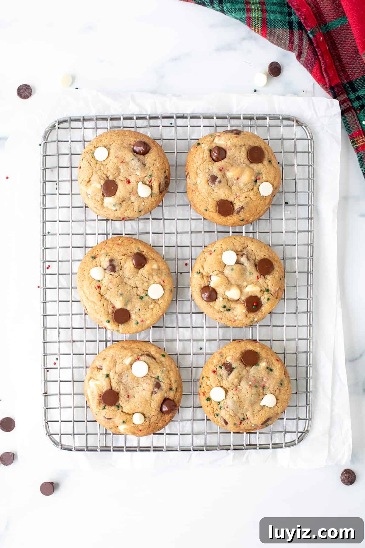 Christmas Chocolate Chip Cookies Recipe: Festive Soft-Baked Treats 7 Christmas chocolate chip cookies on a wire cooling rack