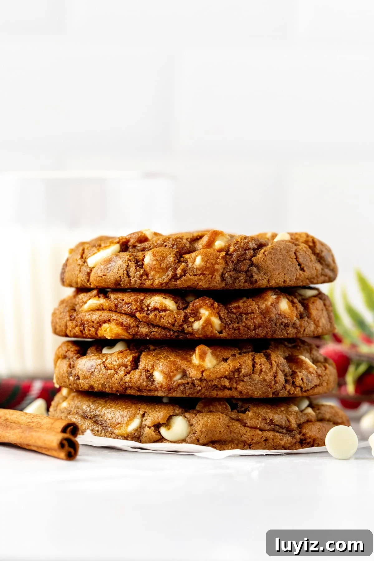 Bakery-Style Gingerbread Cookies with White Chocolate Chips 3 Stack of bakery style gingerbread white chocolate chip cookies