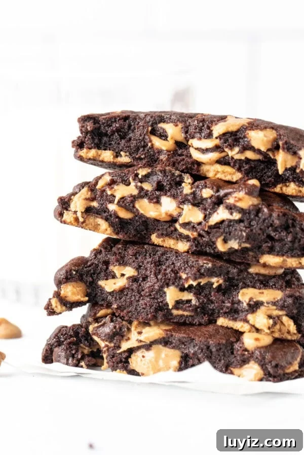 Bakery-Style Gingerbread Cookies with White Chocolate Chips 7 Stack of halves of dark chocolate peanut butter chip cookies.