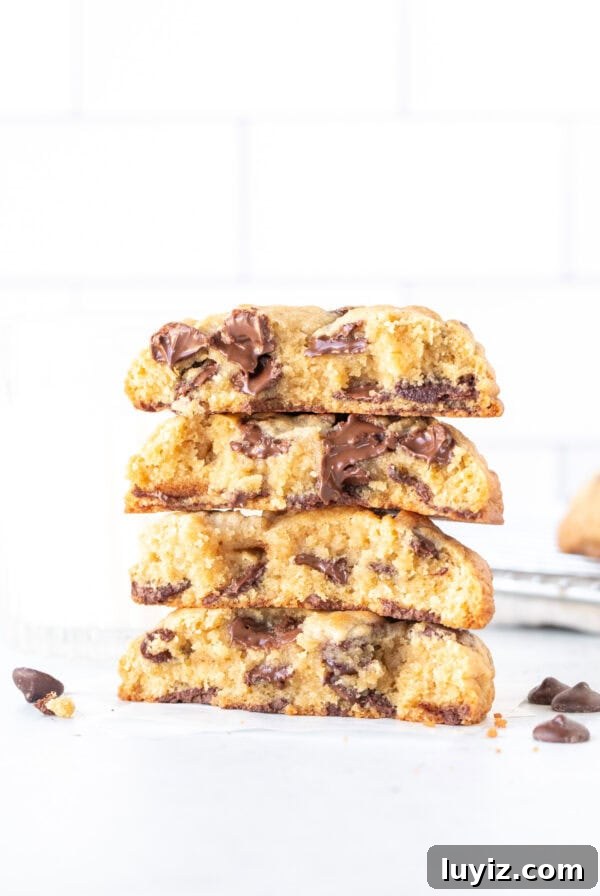 Bakery-Style Gingerbread Cookies with White Chocolate Chips 9 Stack of thick chocolate chip cookies, broken in half