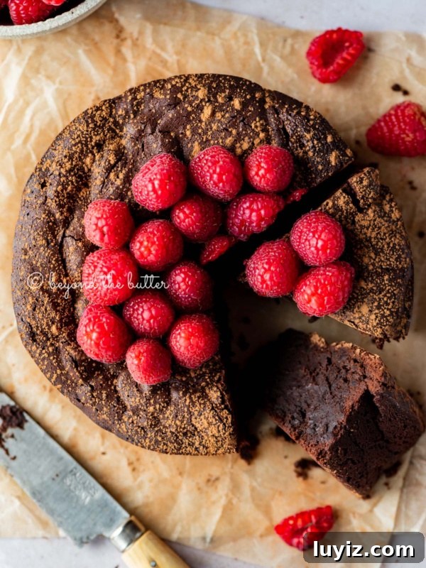 Decadent Chocolate Ricotta Cake Recipe for Moist, Fluffy Results 12 Sliced small flourless chocolate cake topped with cocoa powder and fresh raspberries on parchment paper.