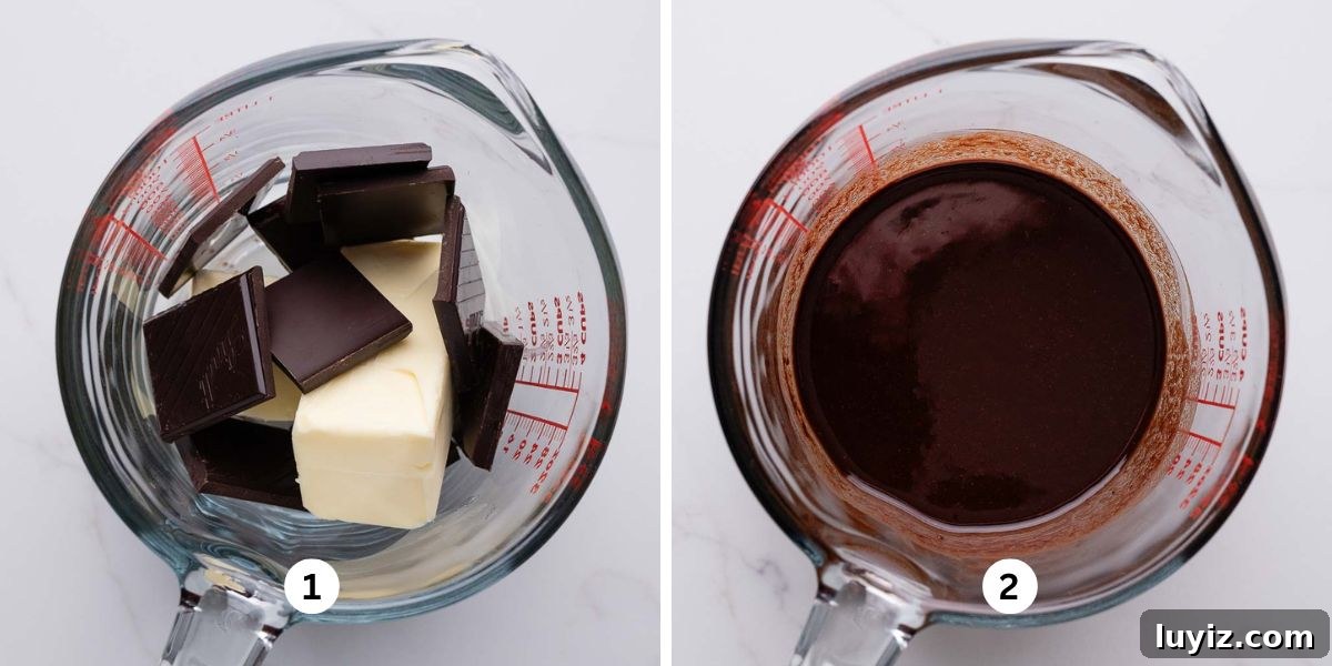 Decadent Chocolate Ricotta Cake Recipe for Moist, Fluffy Results 5 Melting a stick of butter and dark chocolate squares together in a large glass measuring cup on a white marbled background.