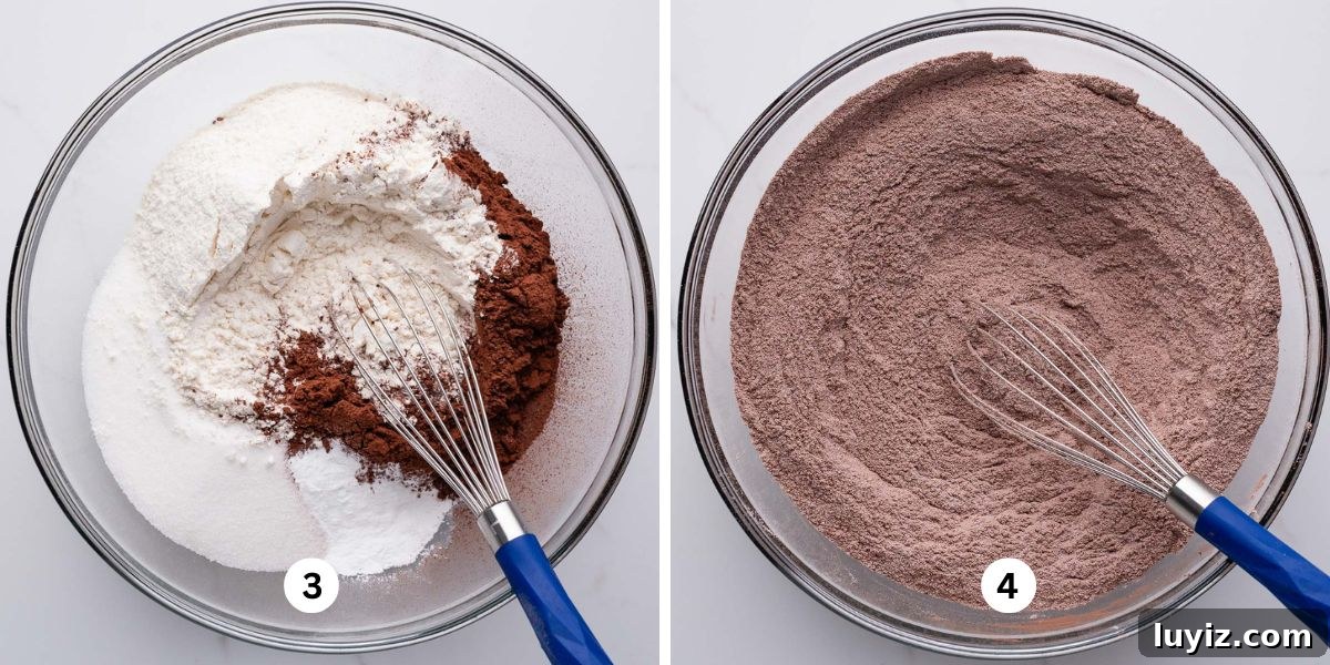 Decadent Chocolate Ricotta Cake Recipe for Moist, Fluffy Results 6 Small blue handle whisk resting in large glass bowl containing whisked flour, cocoa powder, sugar, baking powder, and salt on white marbled background.