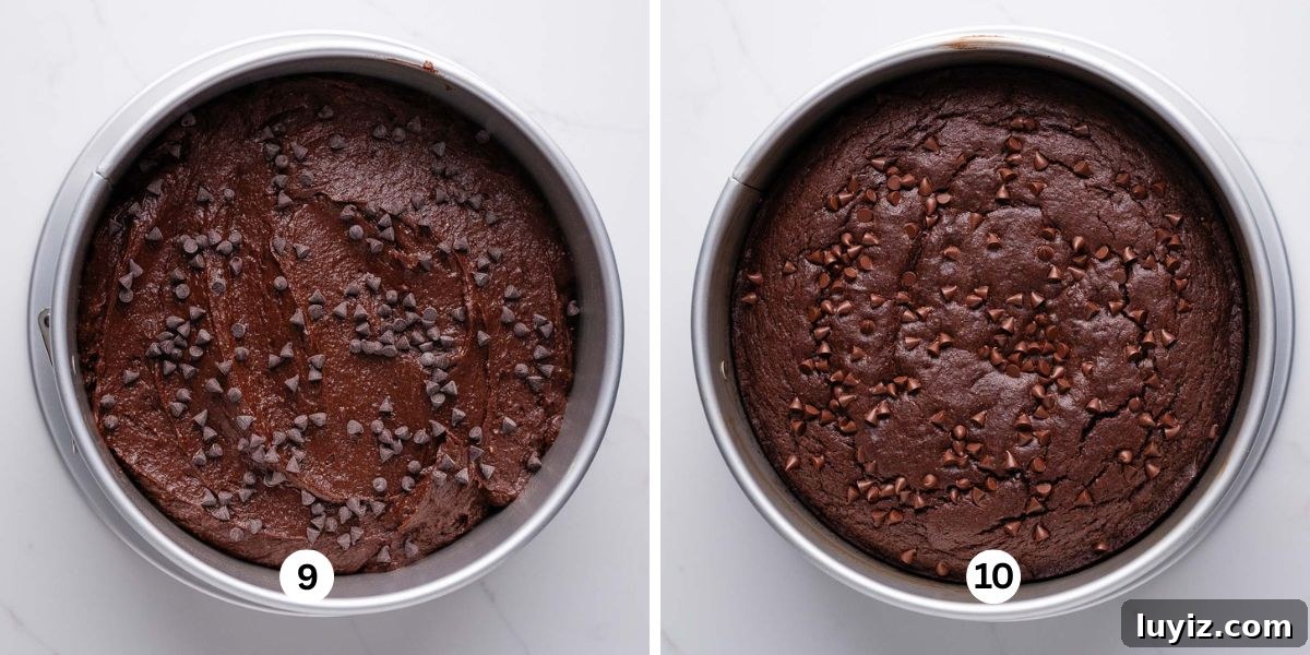 Decadent Chocolate Ricotta Cake Recipe for Moist, Fluffy Results 9 An unbaked and baked chocolate ricotta cakes in silver springform pans on white marbled background.