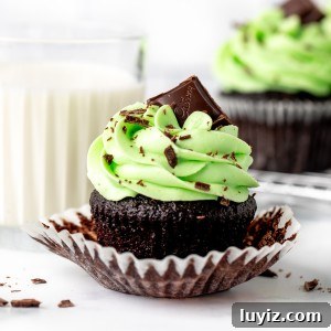 Chocolate cupcake with mint frosting and a square of chocolate on top