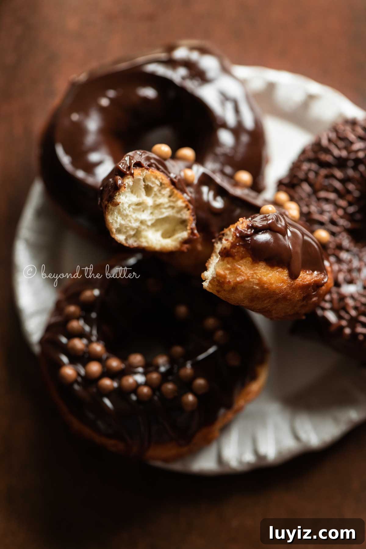 Homemade Donuts from Scratch: Classic Recipe for Soft, Fluffy Donuts 5 Chocolate glazed donuts stacked on a dessert plate with bite taken out of the top donut | All Images © Beyond the Butter™