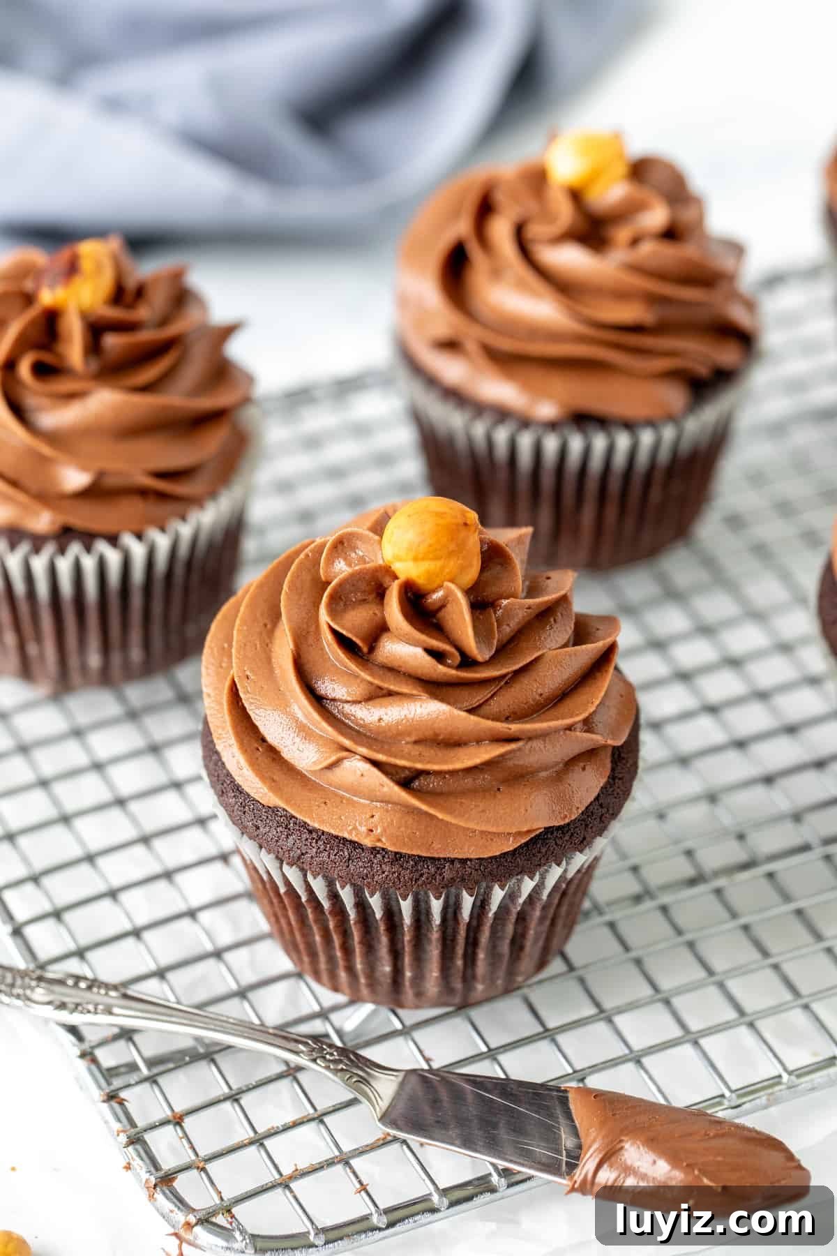 Decadent Nutella Cupcakes Recipe with Chocolate Hazelnut Swirl 3 Wire cooling rack with Nutella stuffed cupcakes